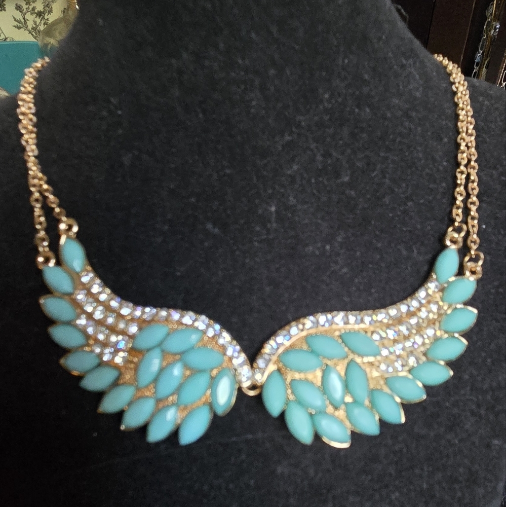 Turquoise & Crystal Gold Wing Necklace 9"/18 Adjustsble - Picture 2 of 5